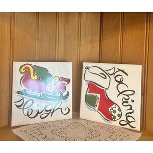 Hand-Painted Cork Backed Ceramic Christmas Trivets Hot Plates Set Of 2